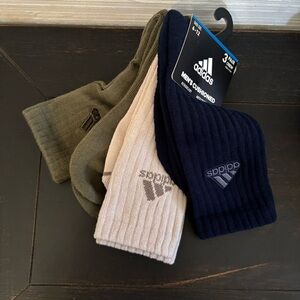 Adidas Men’s Cushioned Navy Beige Olive‎ Crew Socks 3 Pairs NEW Shoe Size 6-12